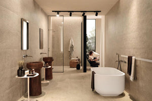 Badezimmer im natürlichen Japandi Stil mit Fliesen pureto® Monaco Beach 37,5 x 75 cm