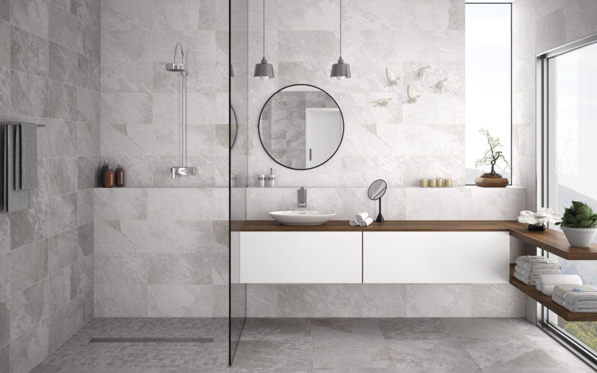 Badfliesen Schieferoptik weiß