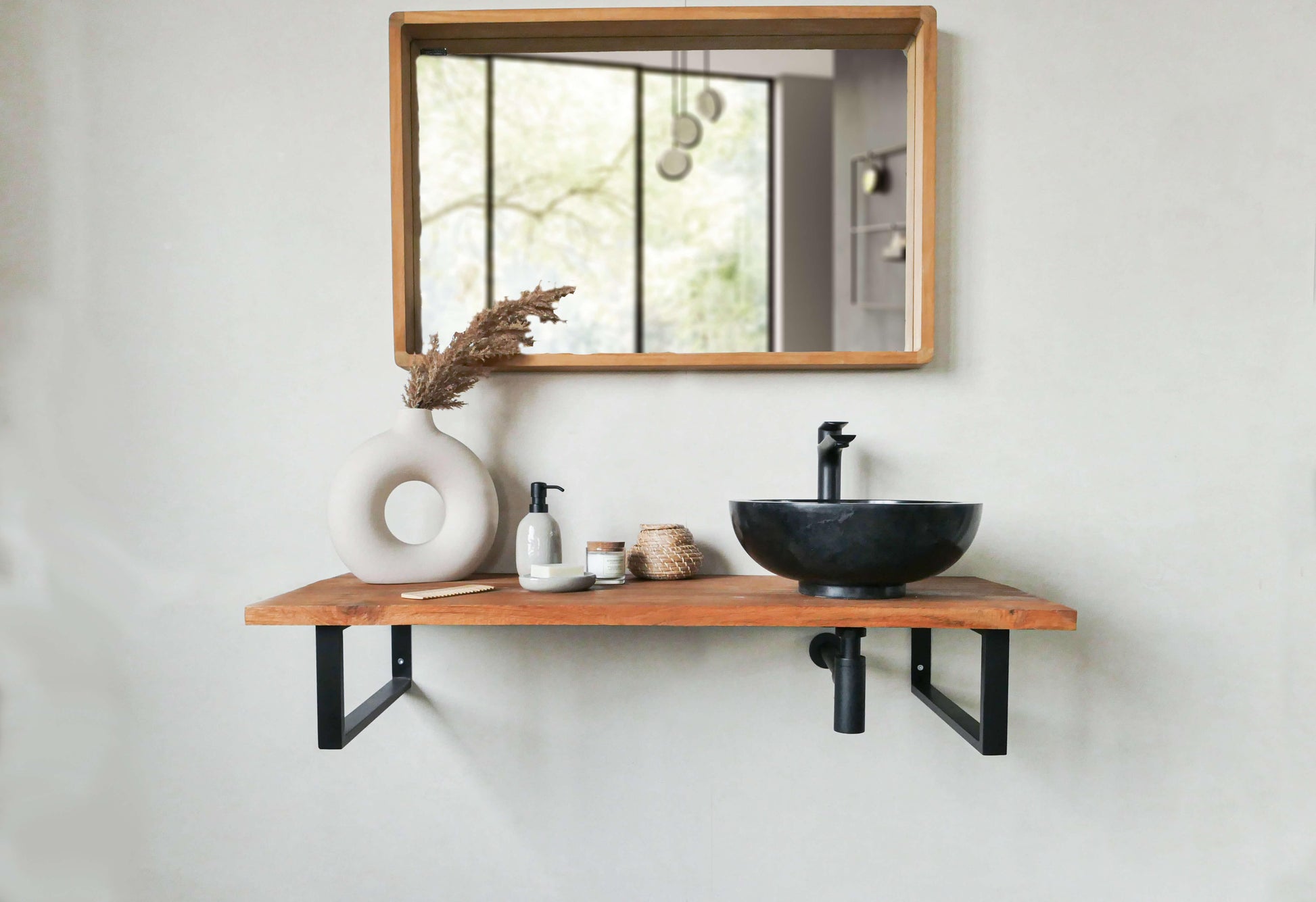 Natursteinbecken Marmor Schwarz Waschtisch aus Teakholz