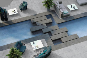 Terrassenplatten Grau Betonoptik auf einer Terrasse mit Pool