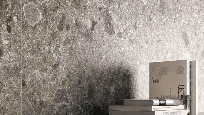 Carreaux muraux en pierre grise avec des livres pour la décoration