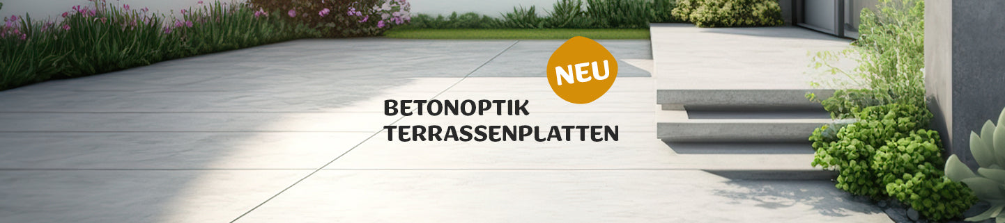 Garten mit Terrassenplatten in grauer Betonoptik und Treppenstufen 