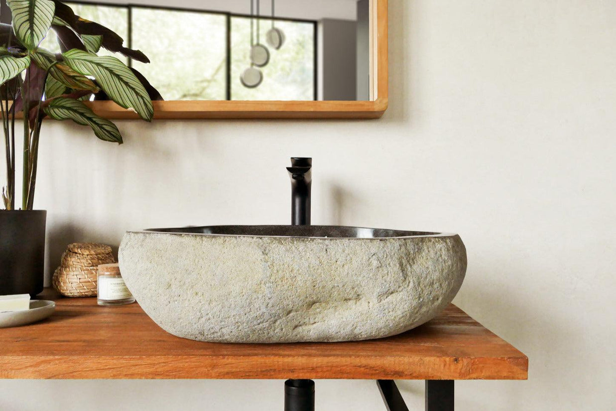 Lavabo en pierre 51-60 cm Choix unique Lavabo en pierre naturelle sur un plan de lavabo en teck