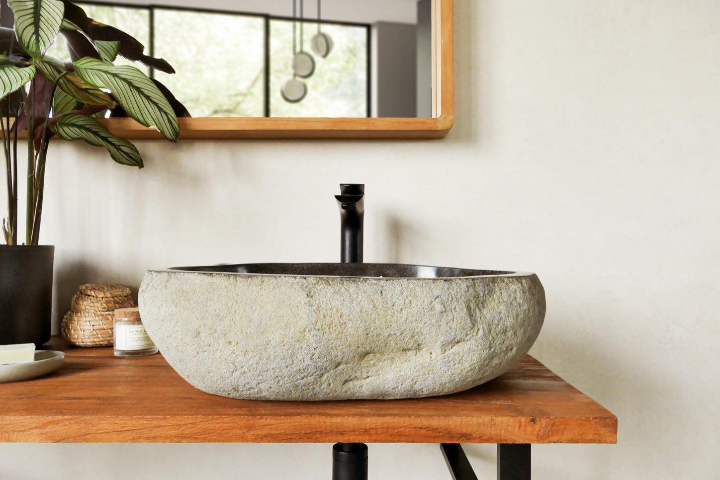 Steinwaschbecken 51-60 cm Unikat-Auswahl Natursteinwaschbcken auf einer Teakholz-Waschtischplatte