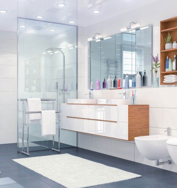 Modernes Badezimmer mit weißer Wandfliese 30x60 cm weiß glänzend